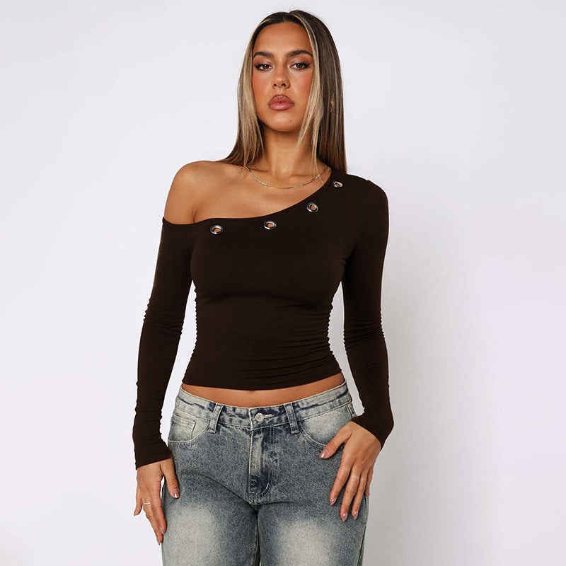 Women's Autumn Cold-shoulder Corns Solid Color Cropped Tops