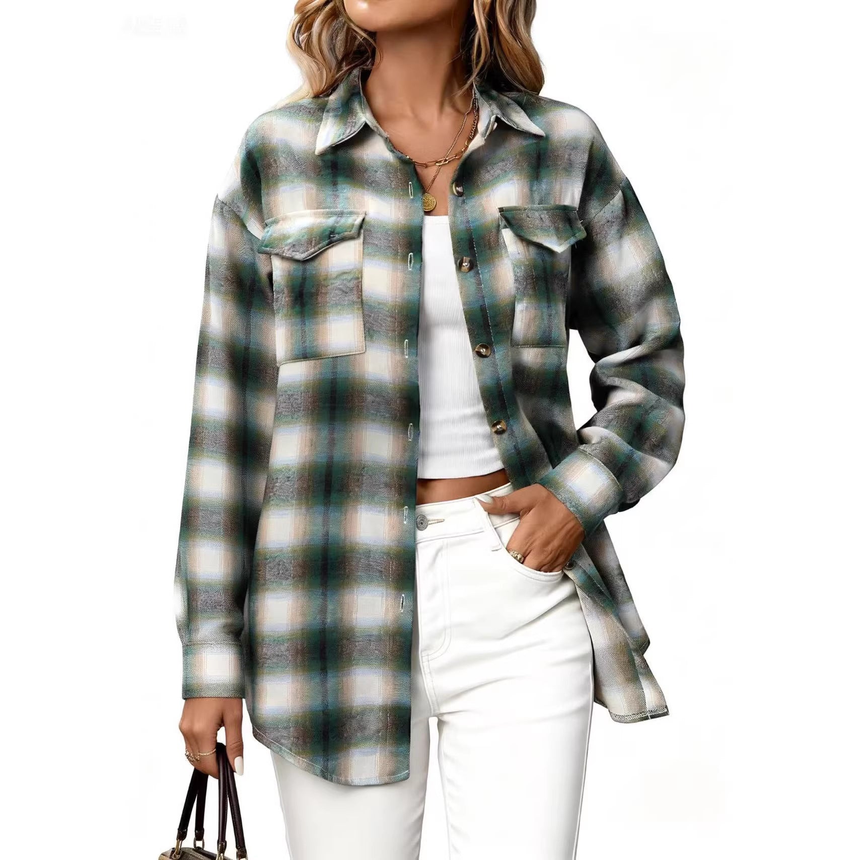 Women's Casual Fashion Loose Plaid Pocket Shirt Blouse