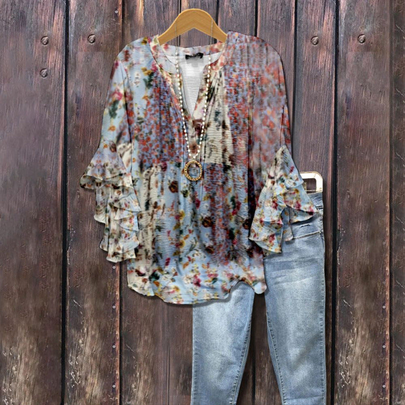 Women's Bubble Wrinkle Floral Element Digital Printing Casual Trend Women's T-shirt