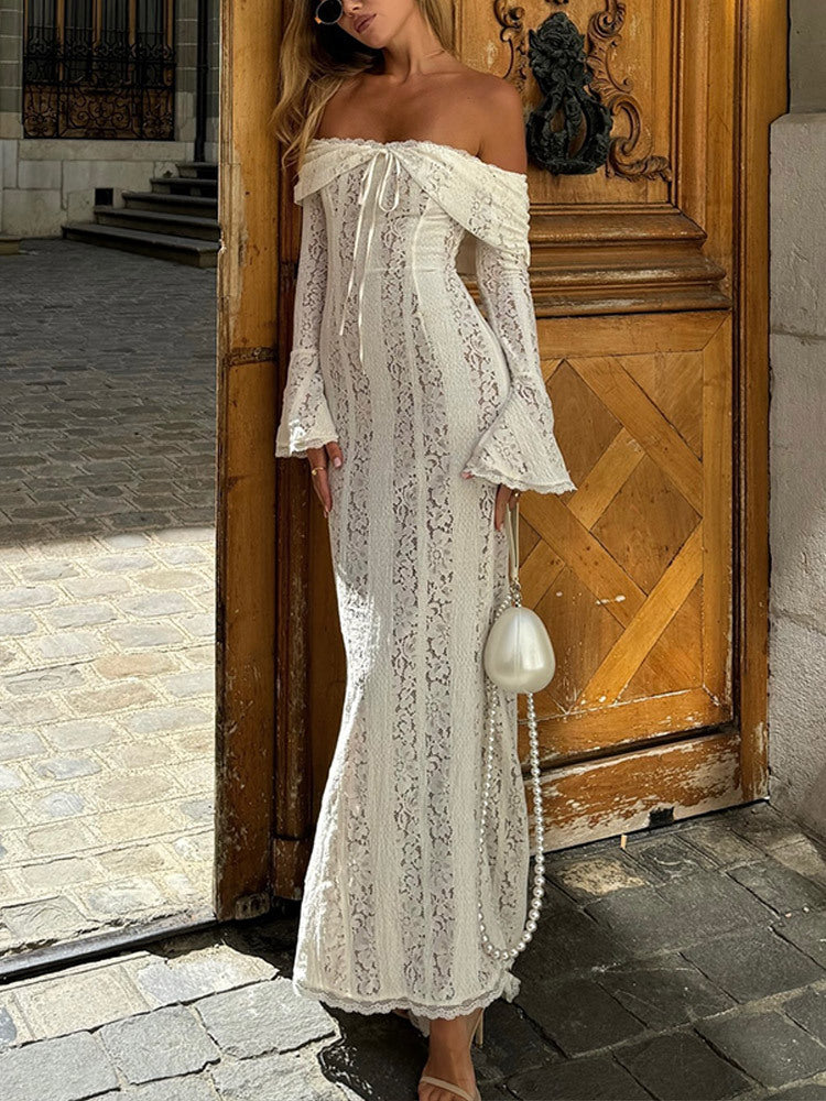 Lace Flared Sleeve Sheath Sexy Long High Dress
