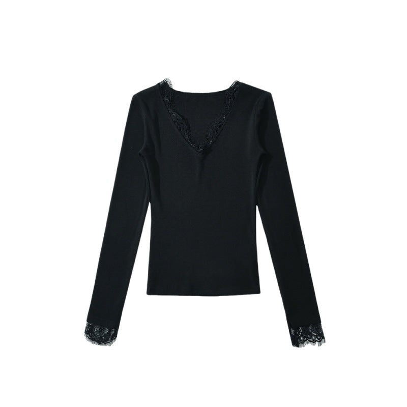 Women's Hot Lace Stitching Long-sleeved Bottoming Shirt Pure Desire Tight Solid Women's T-shirt