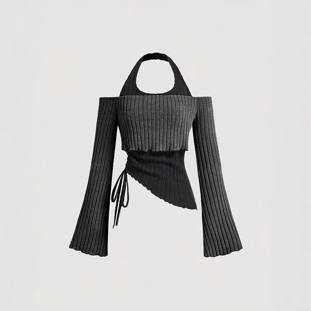 Women's Clothes Long Sleeve Contrast Colors Stitching Halter Women's T-shirt