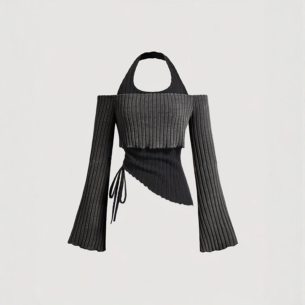Women's Clothes Long Sleeve Contrast Colors Stitching Halter Women's T-shirt