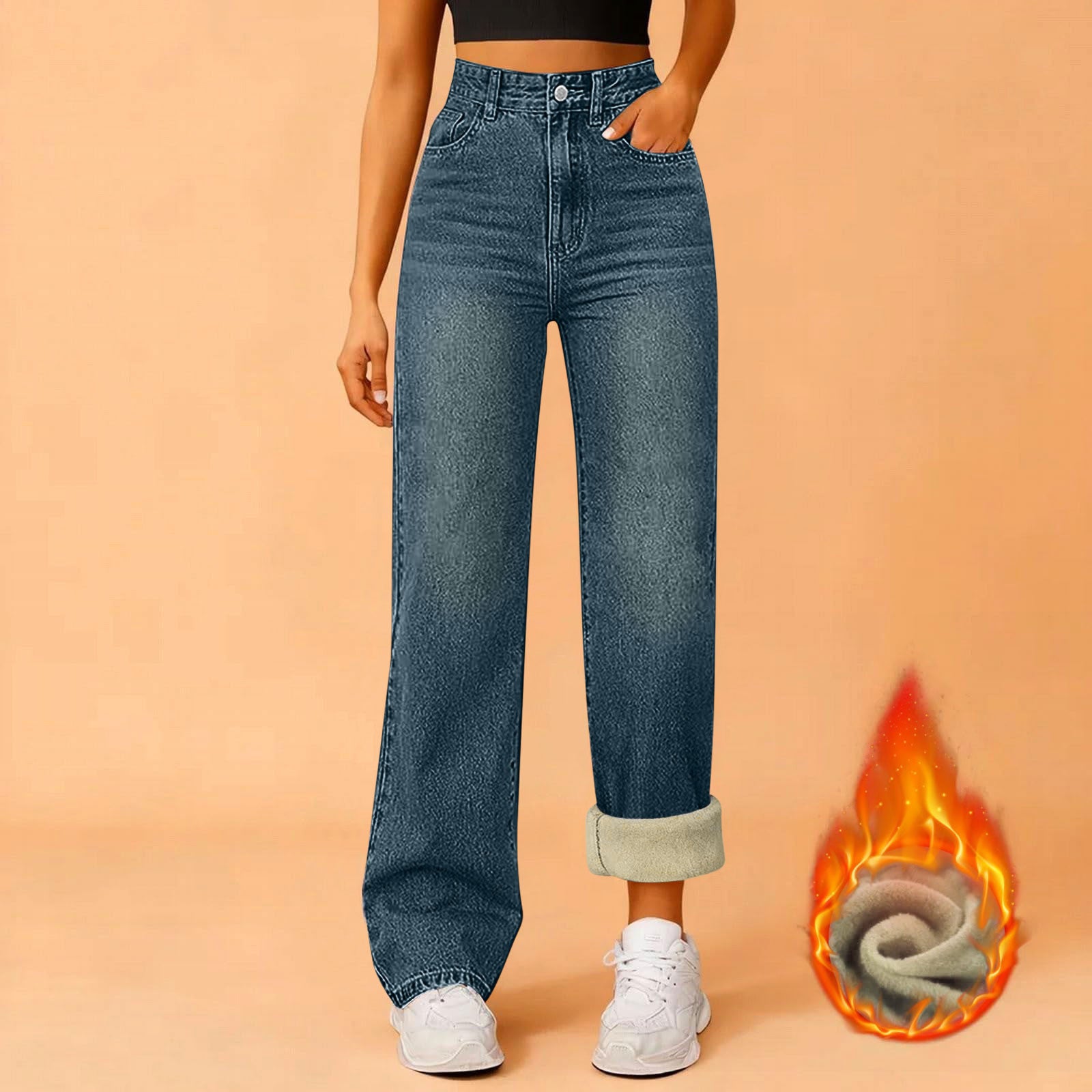 Women's Fleece Padded Loose Straight Ladies Women's Jeans