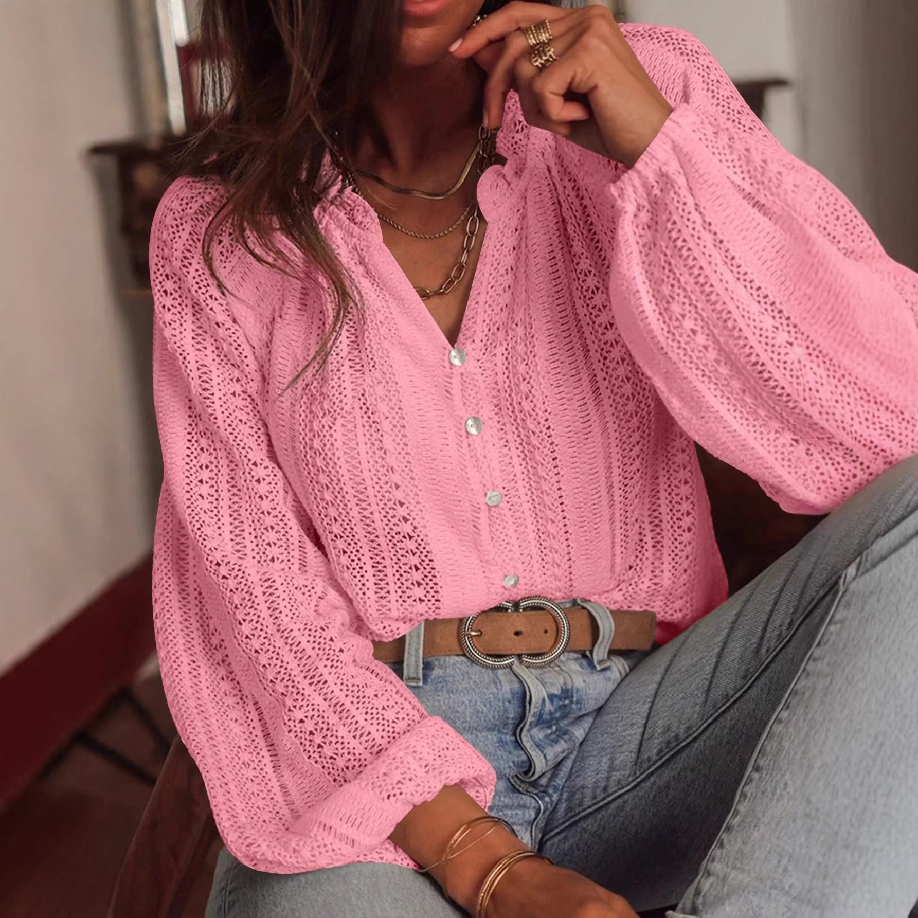 Loose Fashion Versatile Lace Single-breasted Long Sleeve Women's T-shirt