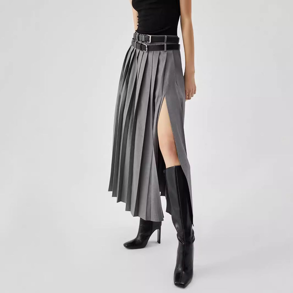 Women's Gray Pleated High Waist Slimming Slit Skirt