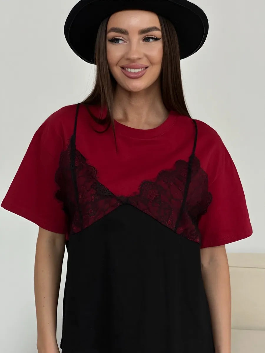 Women's Lace Stitching Loose Basic Style Round Neck Women's T-shirt
