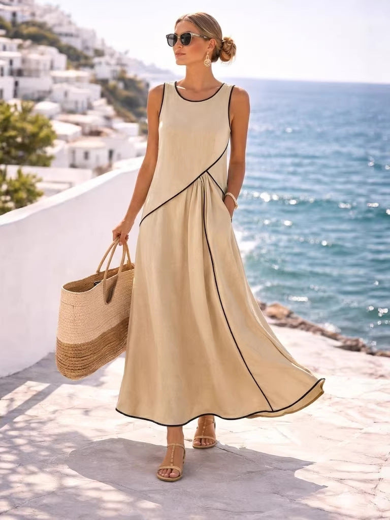 Women's Mediterranean Vacation Style Contrast Color Binding A- Dress