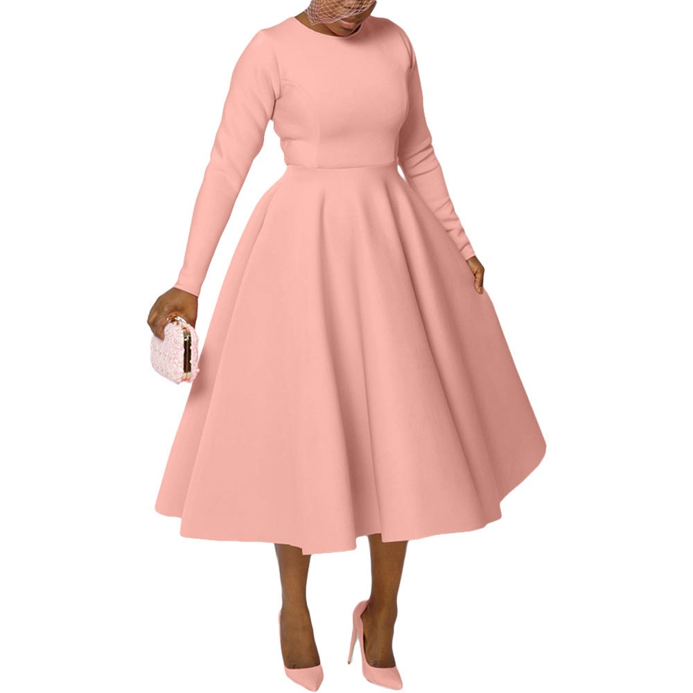 Women's Solid Color Round Neck Long Sleeve Flat Part Of Knife Dress