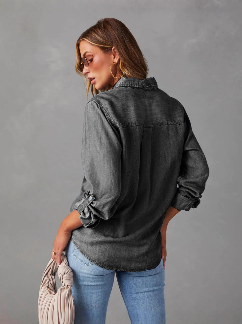 Women's Denim Shirt Autumn Fashion Casual Polo Collar Single-breasted Blouse