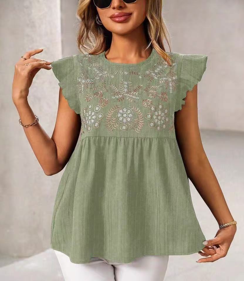 Women's National Style Embroidered Shoulder Flying Sleeves Fashion Casual Tops