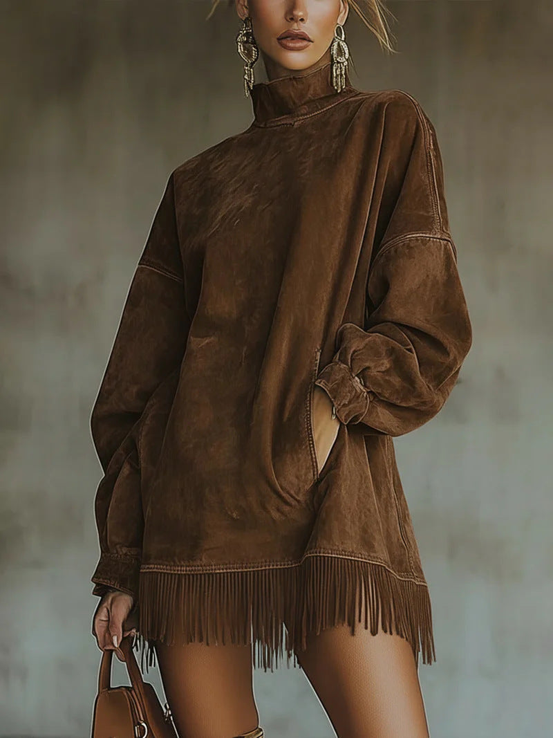 Turtleneck Suede Vintage Loose Pockets Tassel Long Dress