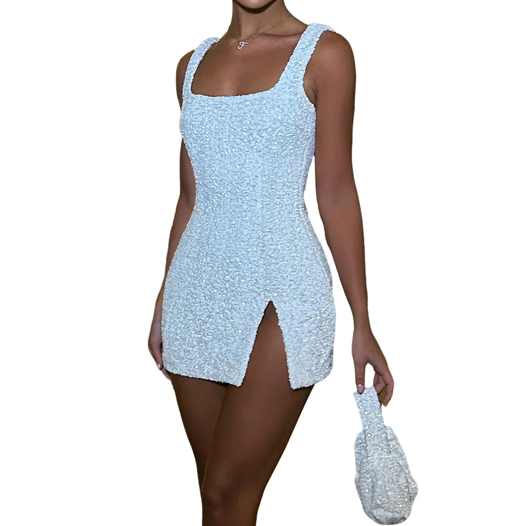 Sequin Sling Square Collar Sexy Backless Dress