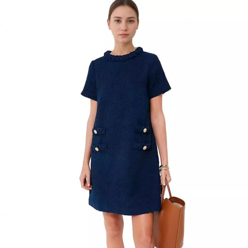 Women's Style Tweed Jack Elegant Round Neck Sleeve Button Shorts