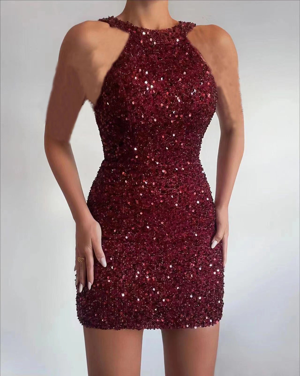 Halter Sexy Crystal Fringed Sheath Sequins Mid Waist Dress