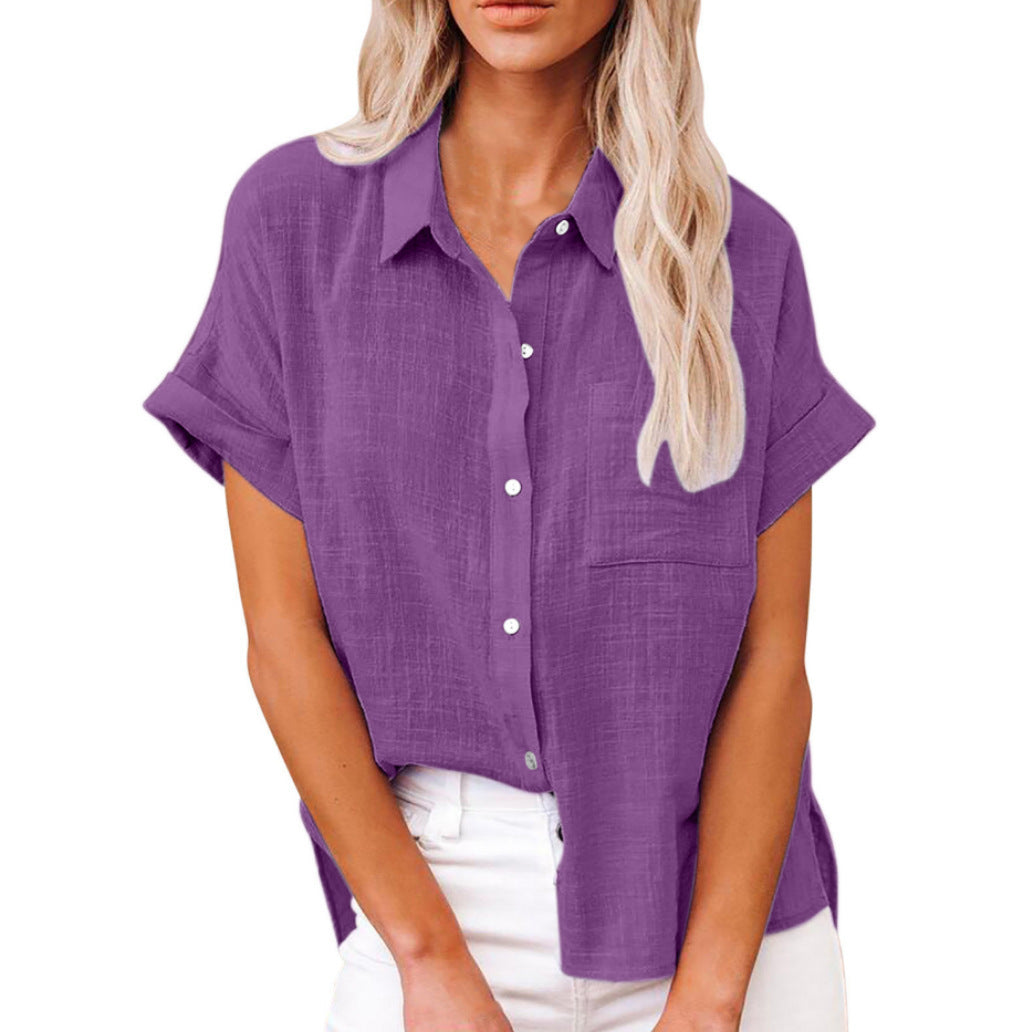 Women's Summer Solid Color Shirt Sleeve Cotton Casual Blouse