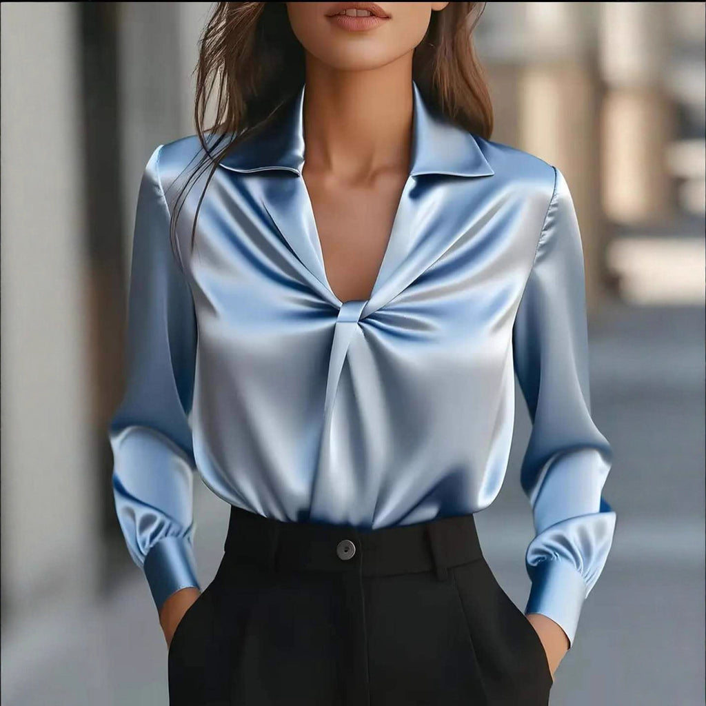 Women's Temperament Pure Color Satin Pleated Long Sleeve Blouse