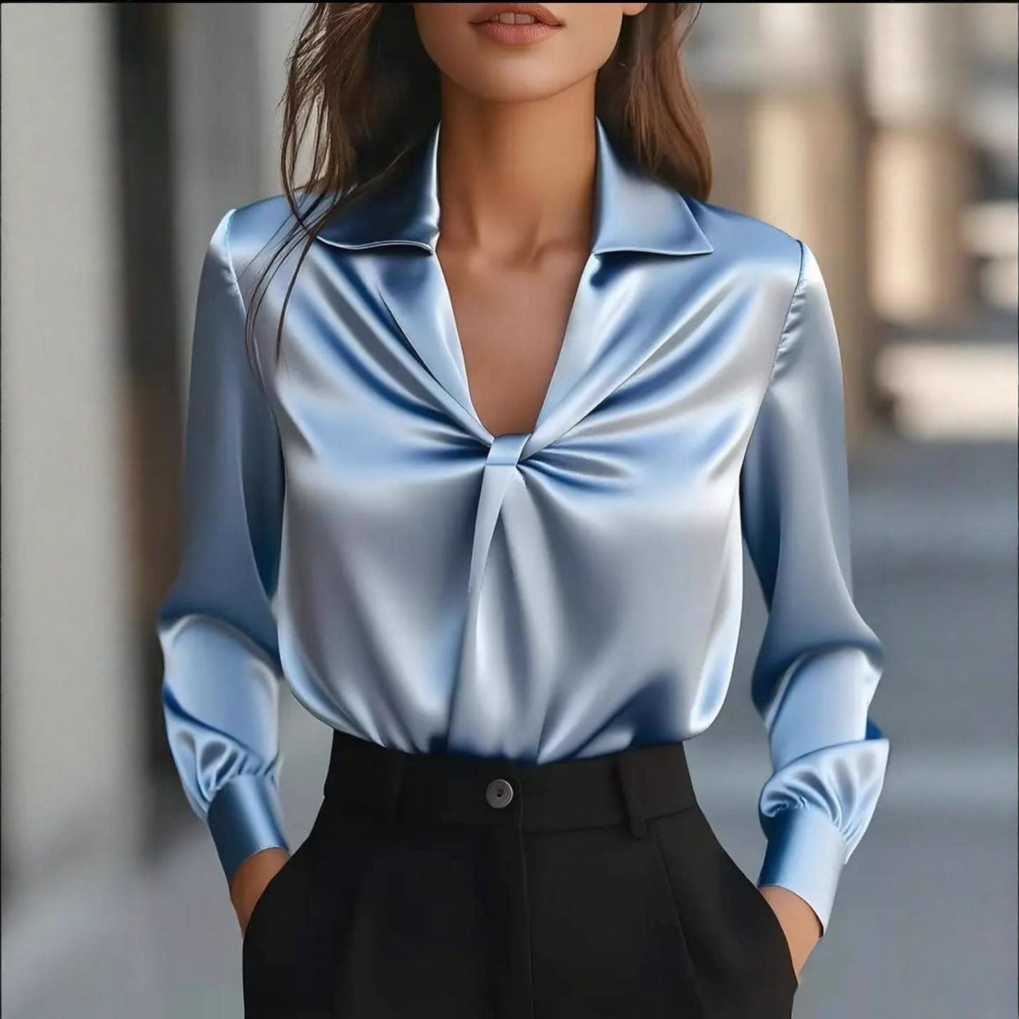Women's Temperament Pure Color Satin Pleated Long Sleeve Blouse