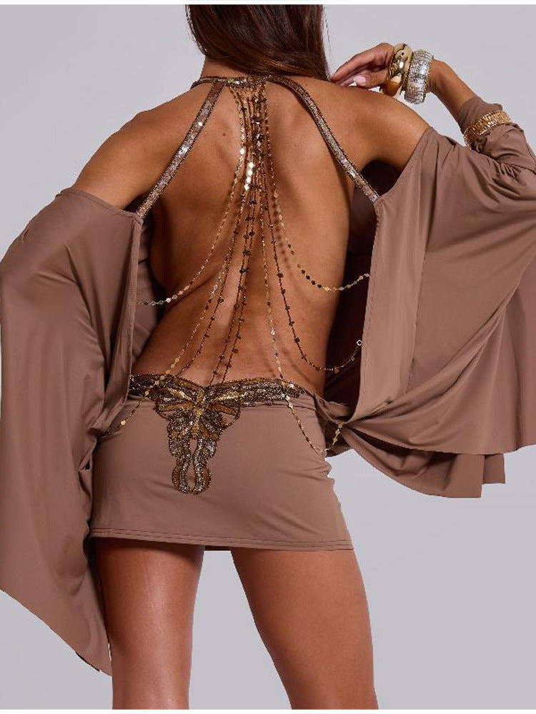 Women's Summer Sexy Hot Halter Backless Chain Decoration Dress