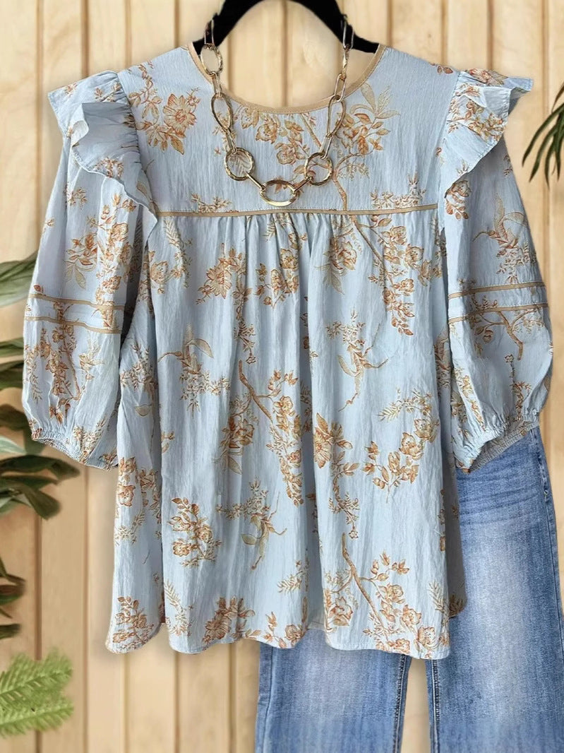 Printing Color Contrast Retro Loose Stitching Long Sleeve Shirt Blouse