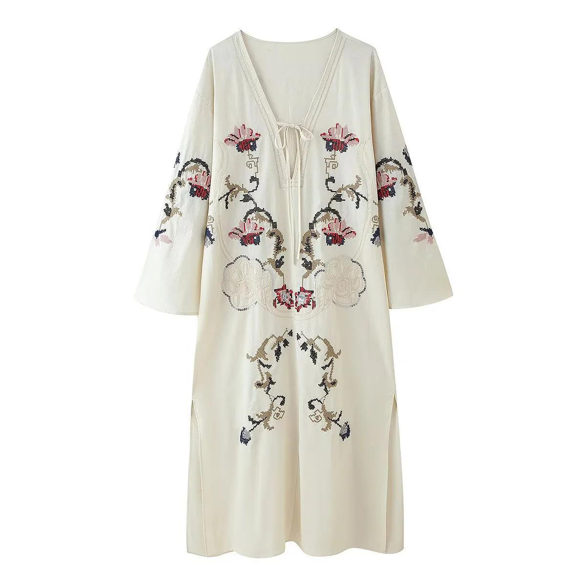 Classic Women's Vacation Embroidered Summer Flowers Dress