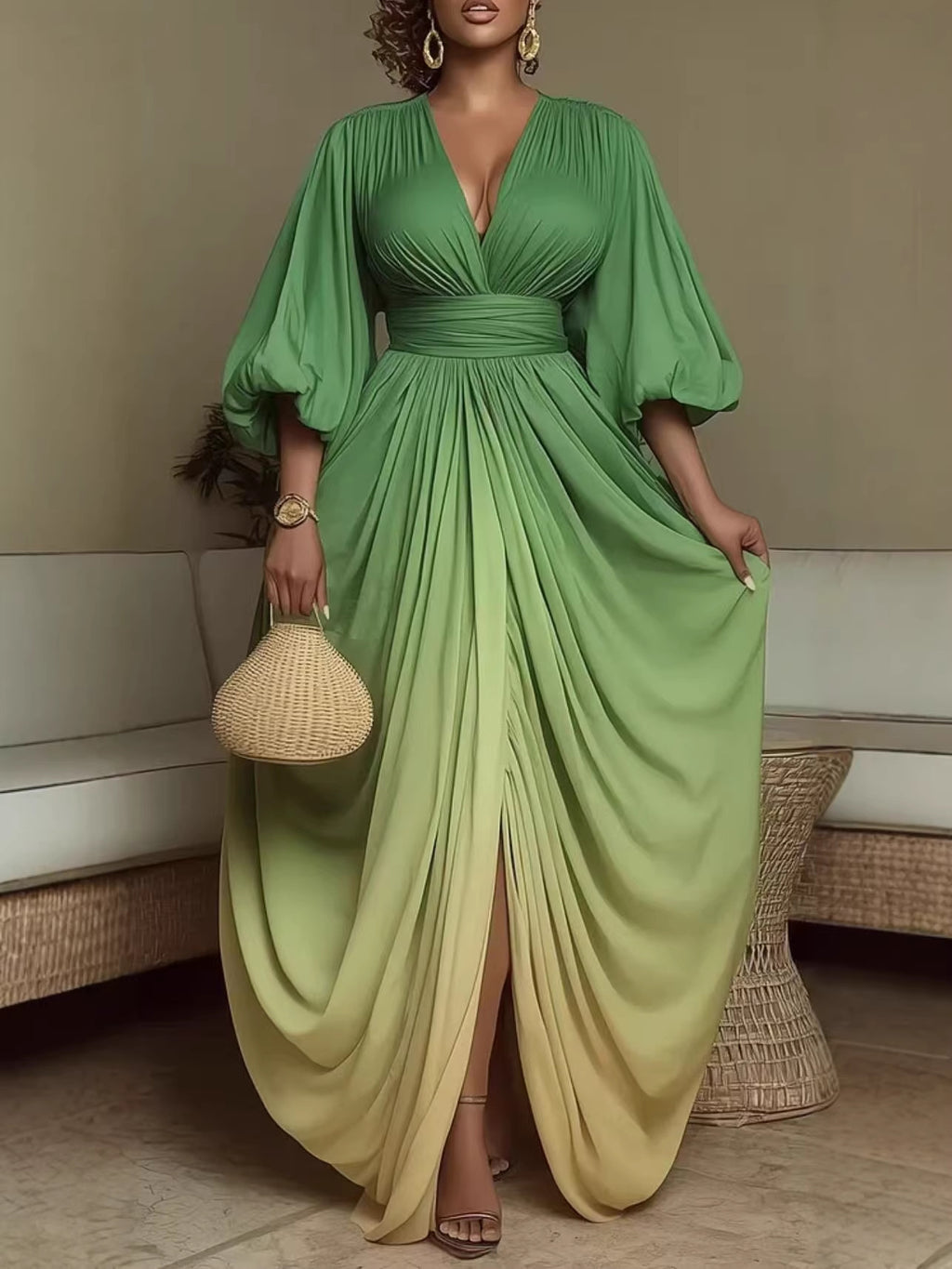 Fashion Temperament Printed Pleated Loose Slimming Large Dress