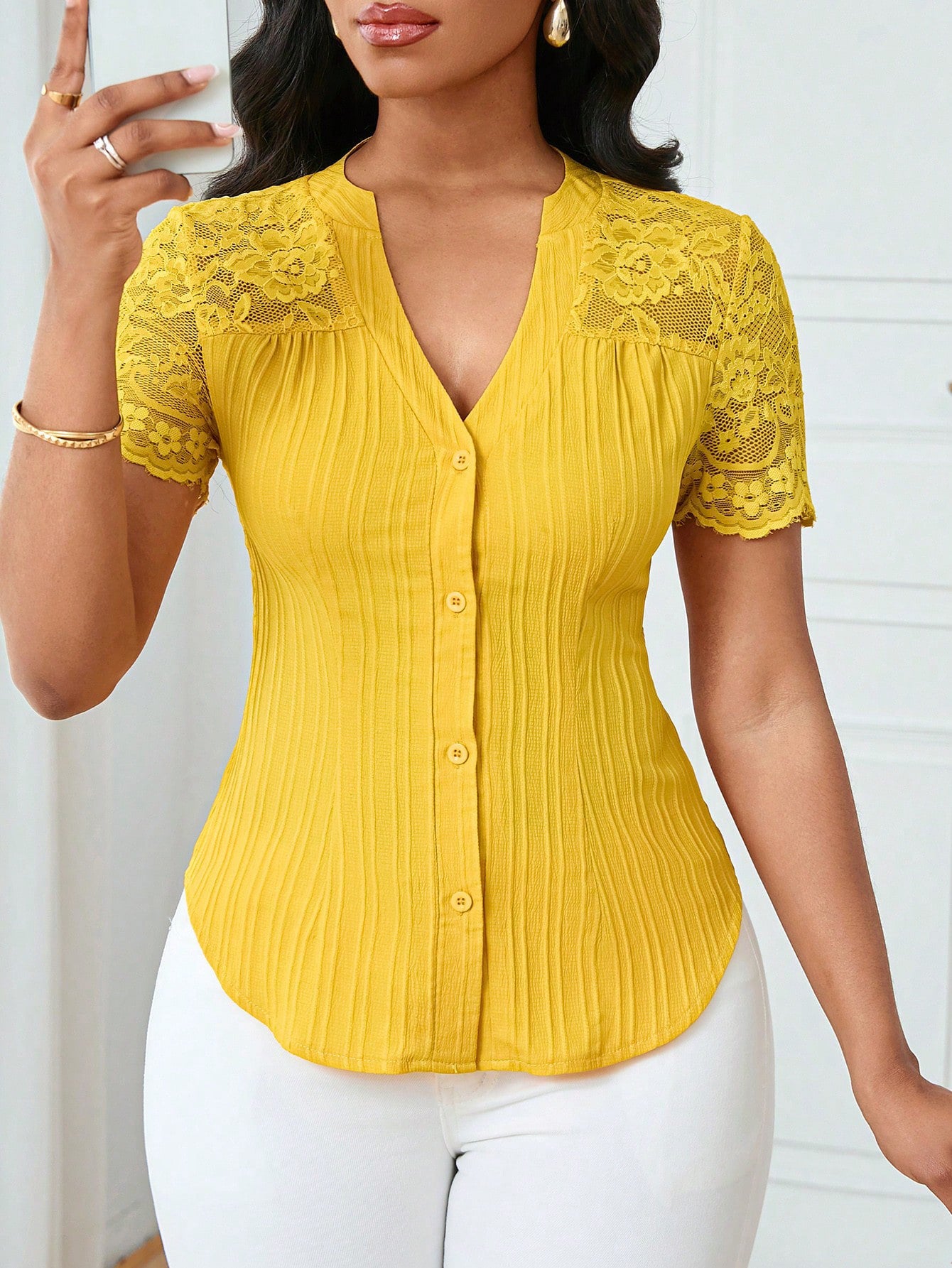Women's Fashion Single-breasted Solid Color Embroidery Hollow Tops