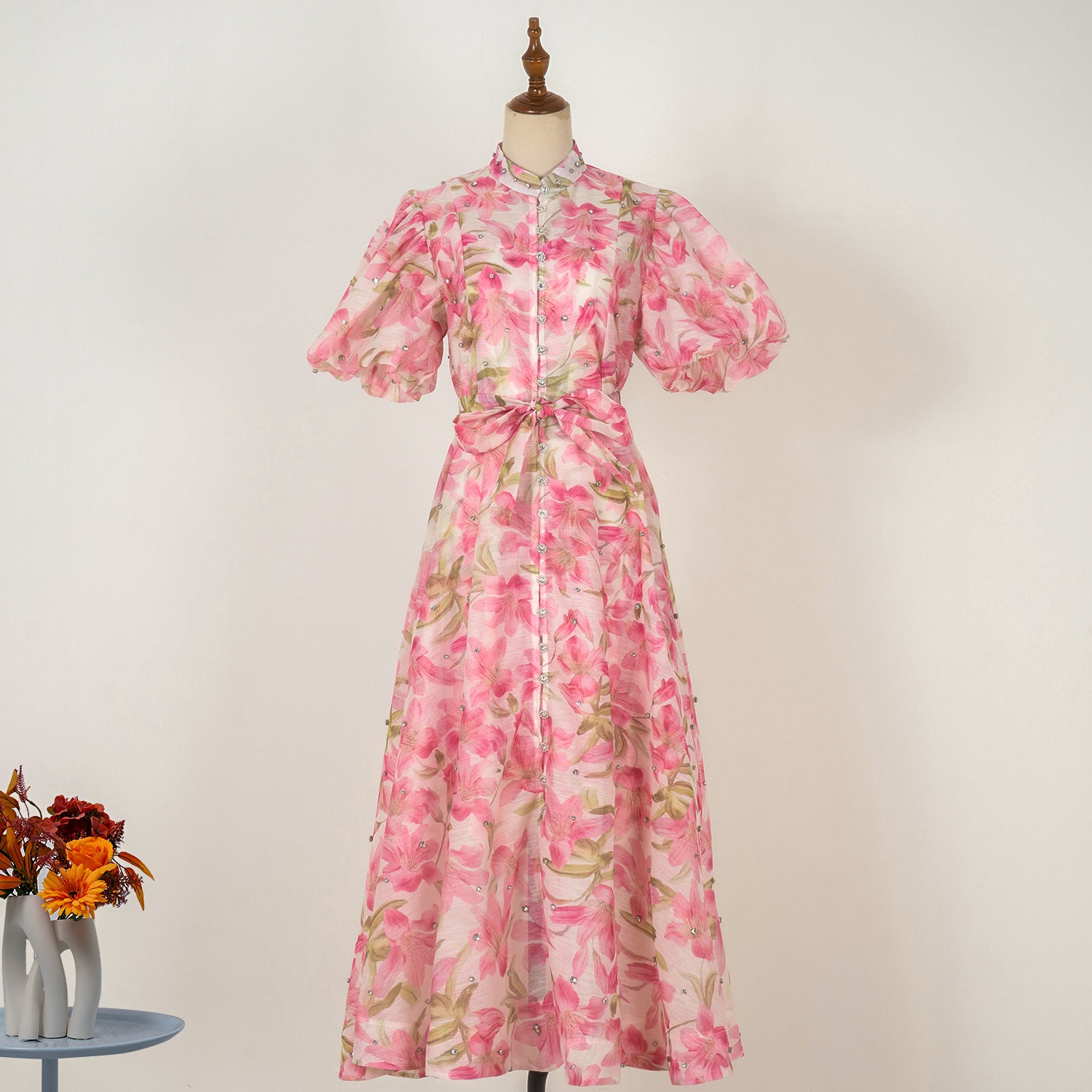 Summer Palace Style High Design Sense Rhinestone Sleeve Single-breasted Long Dress