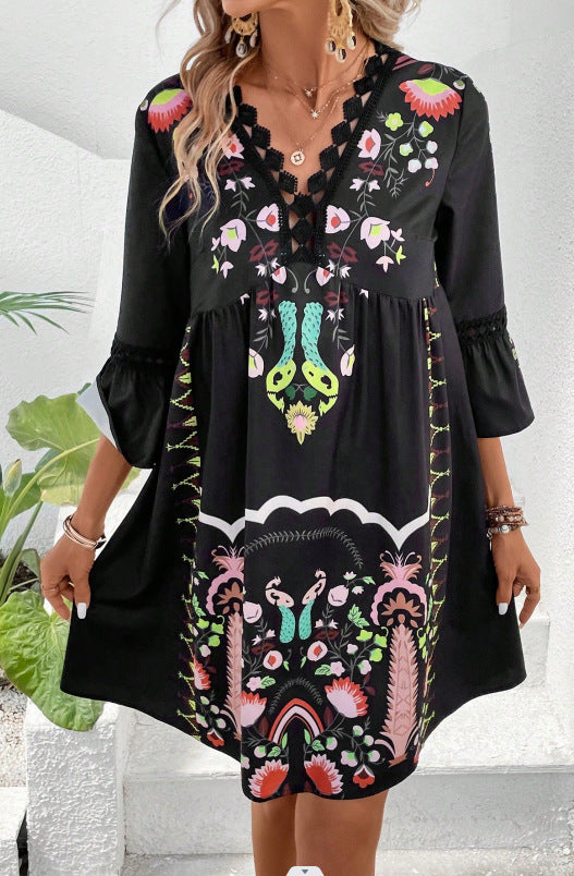 Women's Summer Lace Stitching Casual Printed Dress