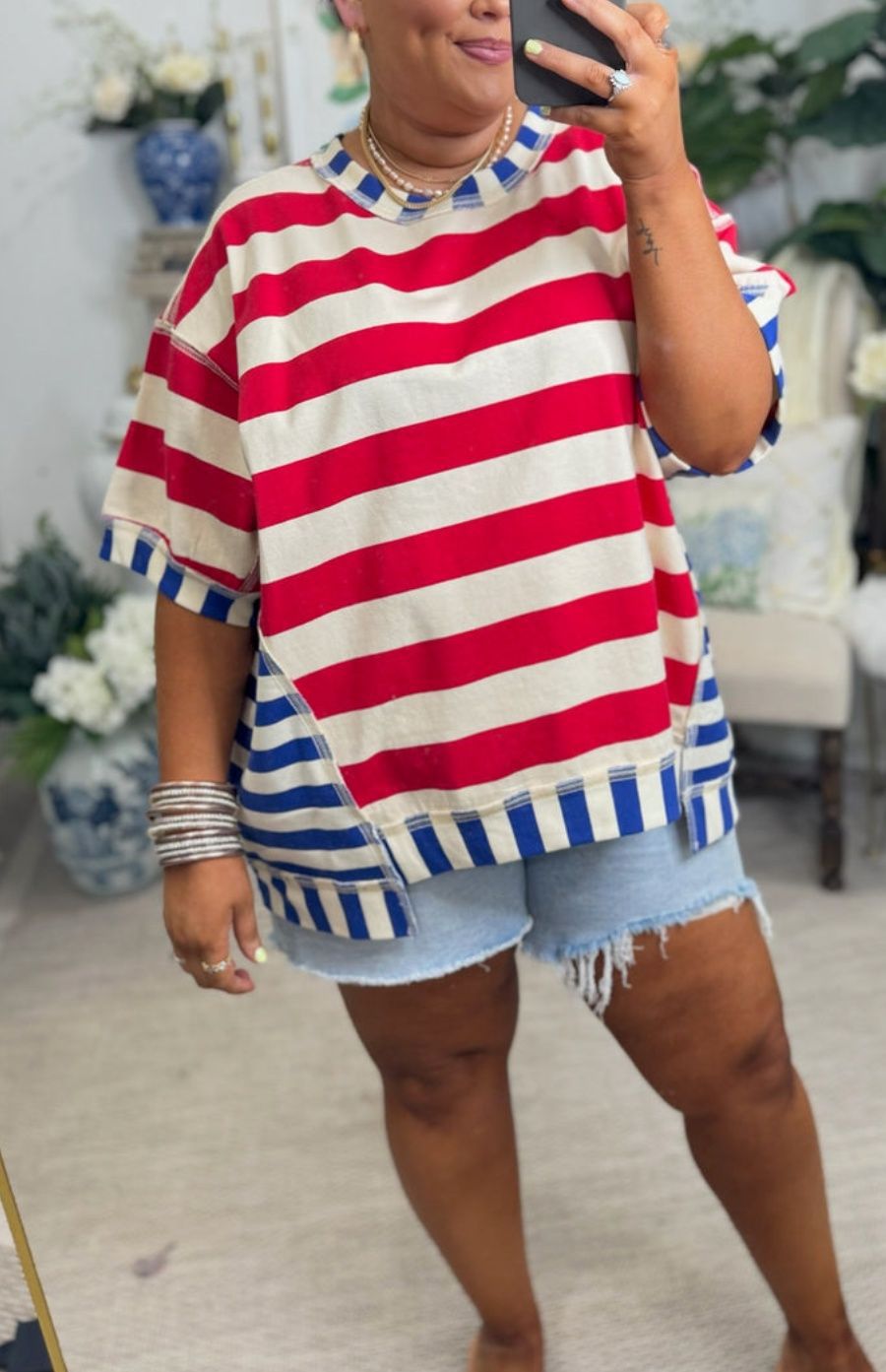 Slouchy Women's Loose Casual Striped Stitching Women's T-shirt