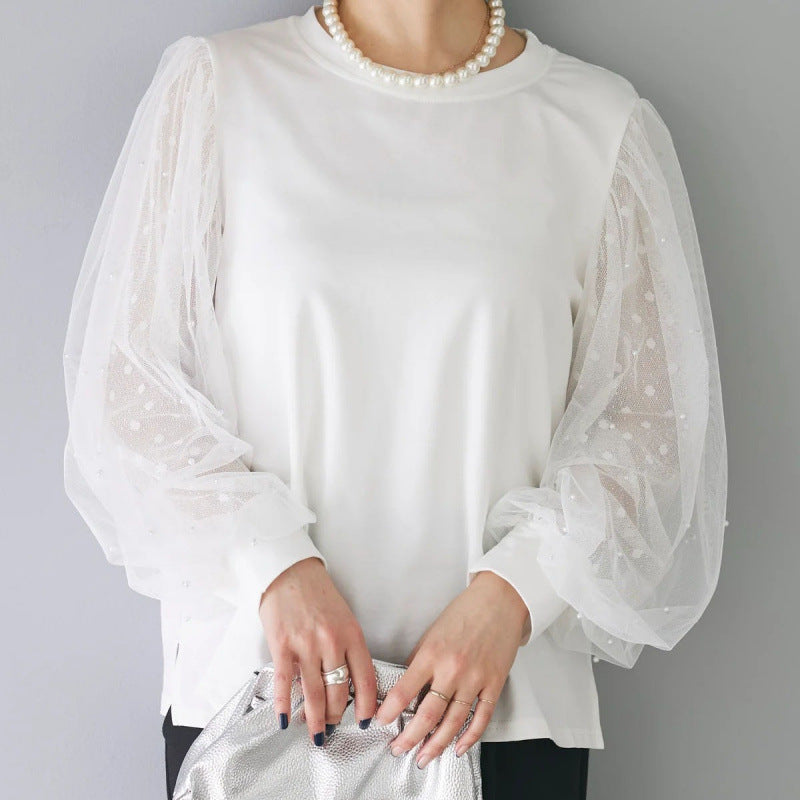 Women's Autumn Loose Split Stitching Mesh Long-sleeved Women's T-shirt