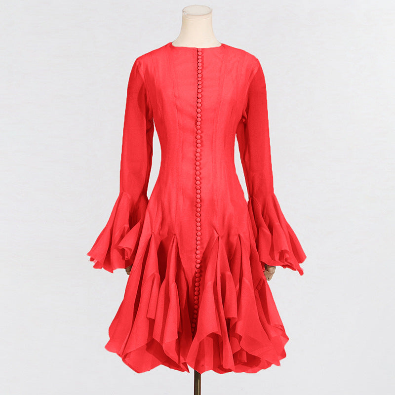 Women's Ruffled For Summer Fashion High Collar Long Sleeve Dress