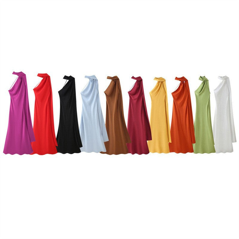 Women's Summer Silk Satin Texture Ribbon Halter Dress