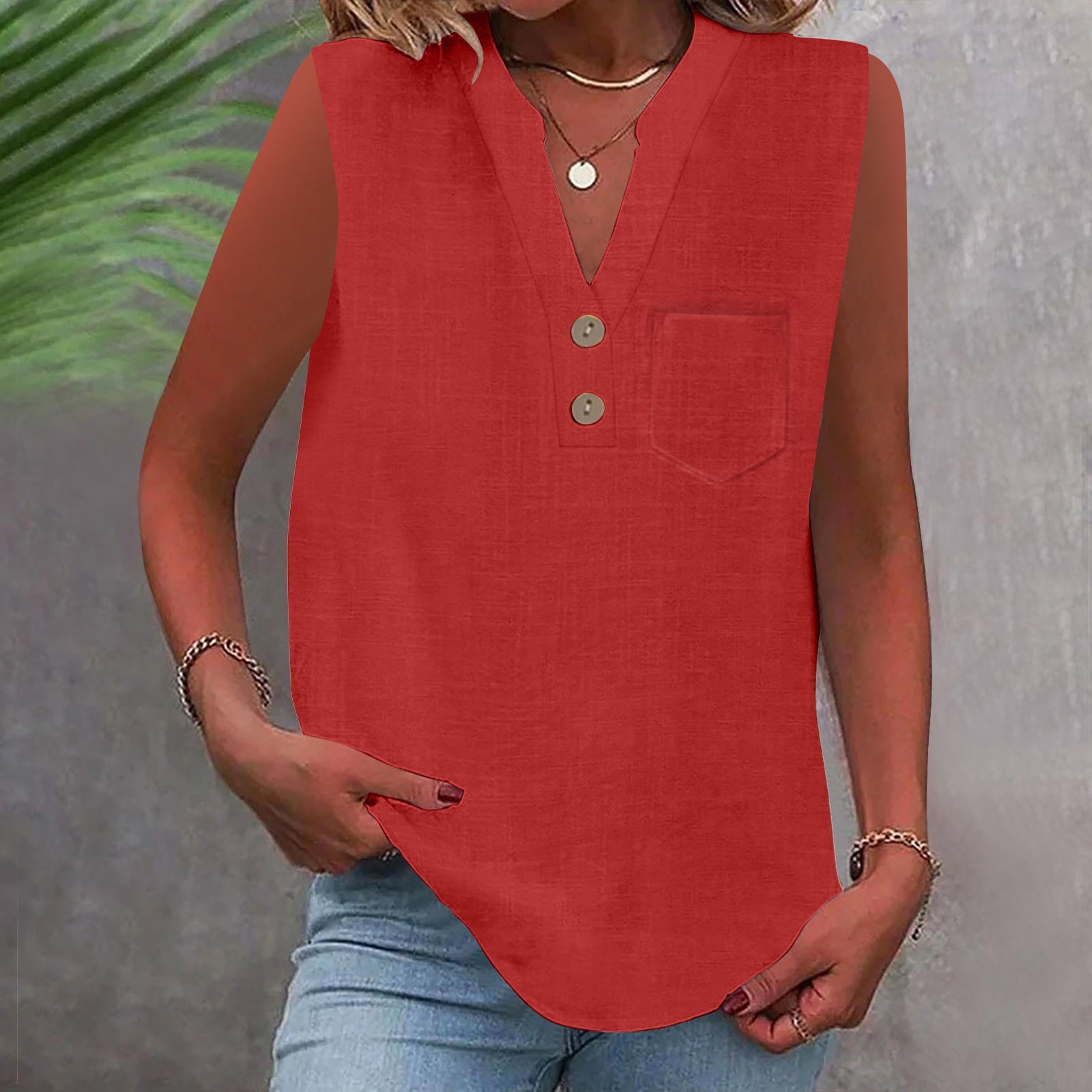 Women's Large Loose Slub Cotton Pocket Idle Tops