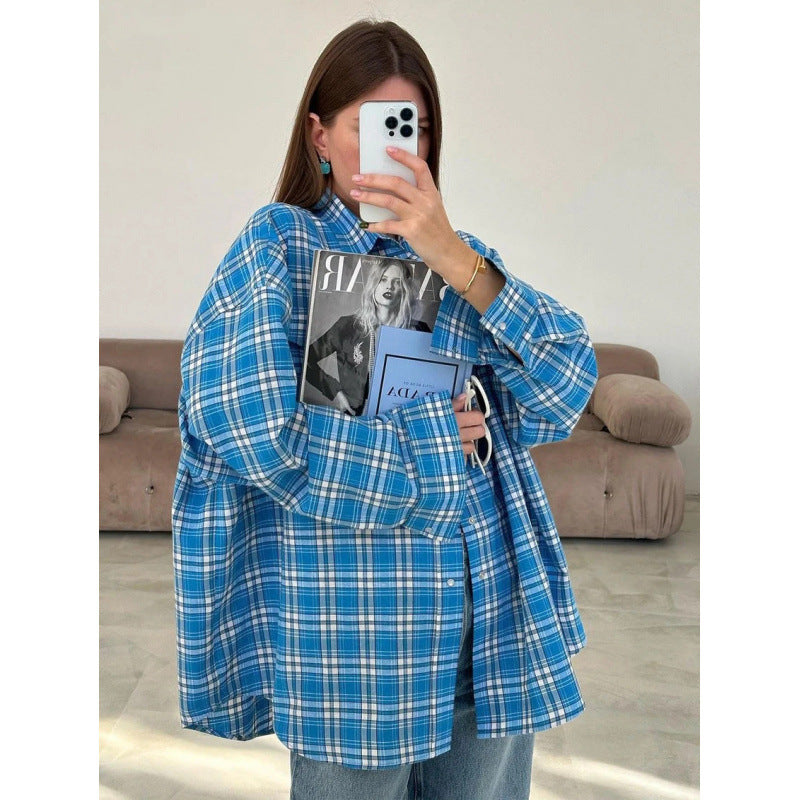 Women's Style Lapel Loose Shirt Autumn Plaid Long Blouse