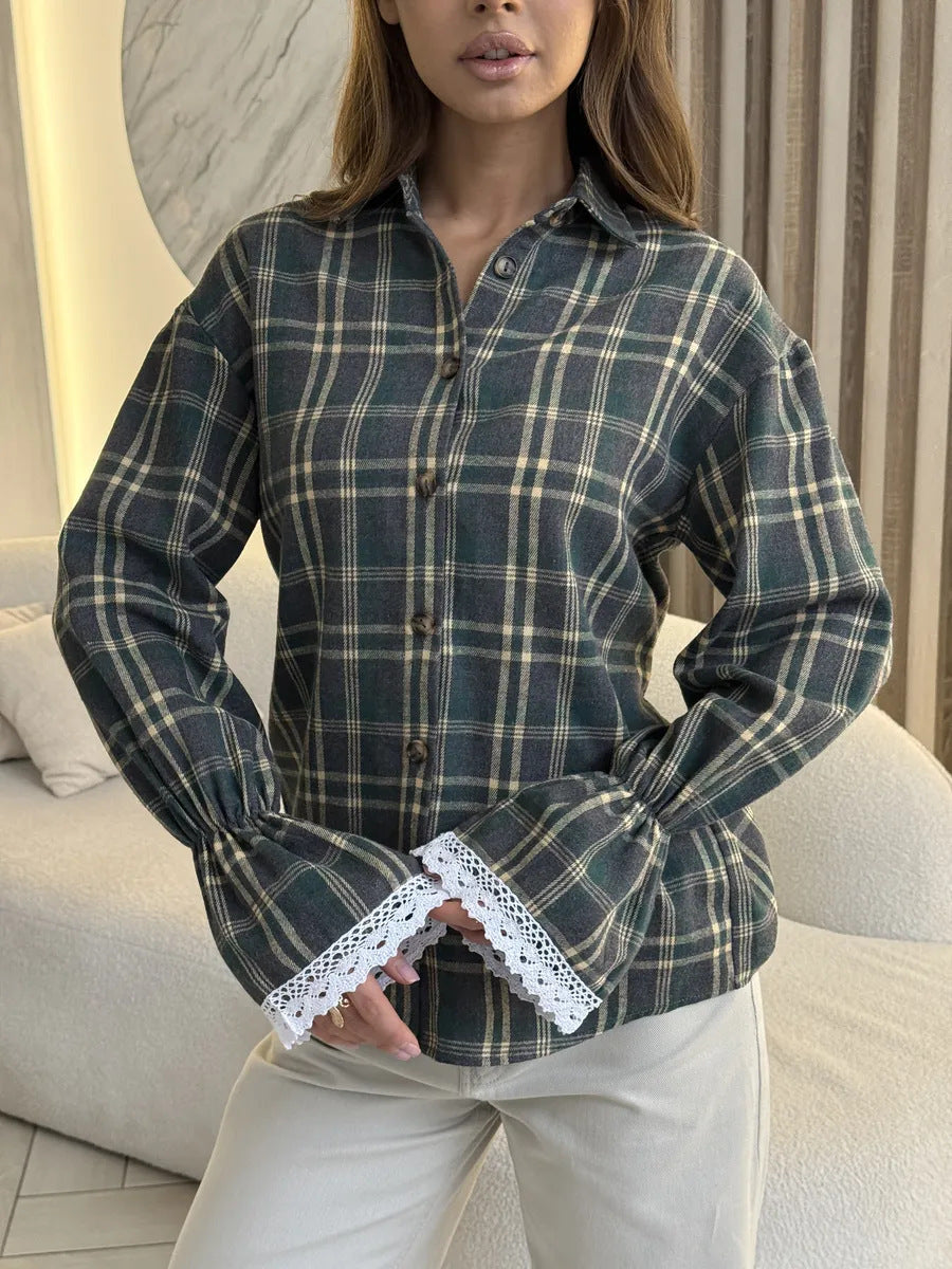 Versatile Design Slim Fit Shirt Plaid Long Blouses