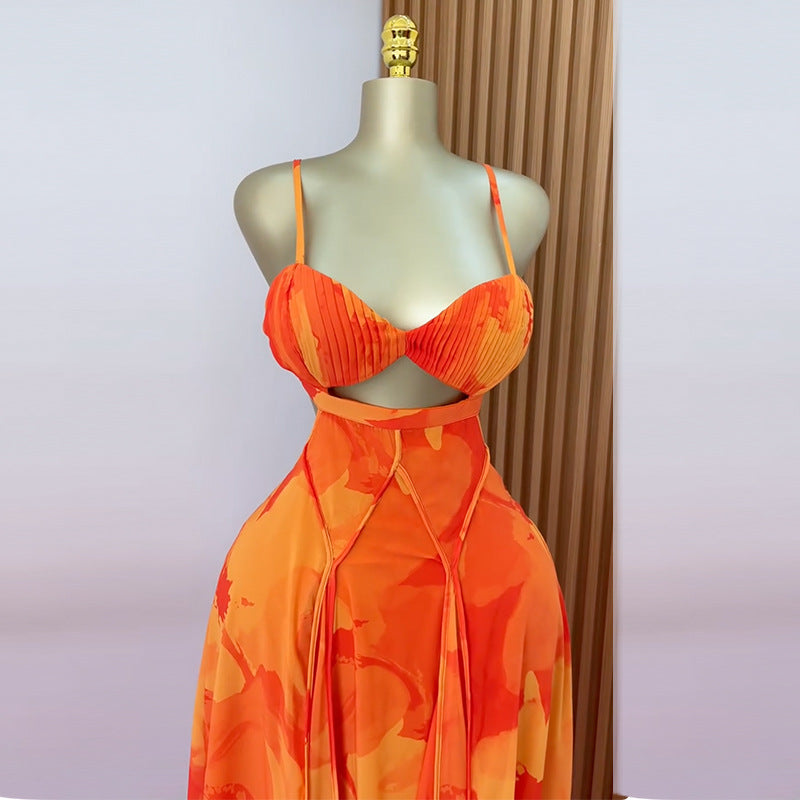 Women's Summer Sweet Fresh Printed Strap Tube High Waist A- Line Tops