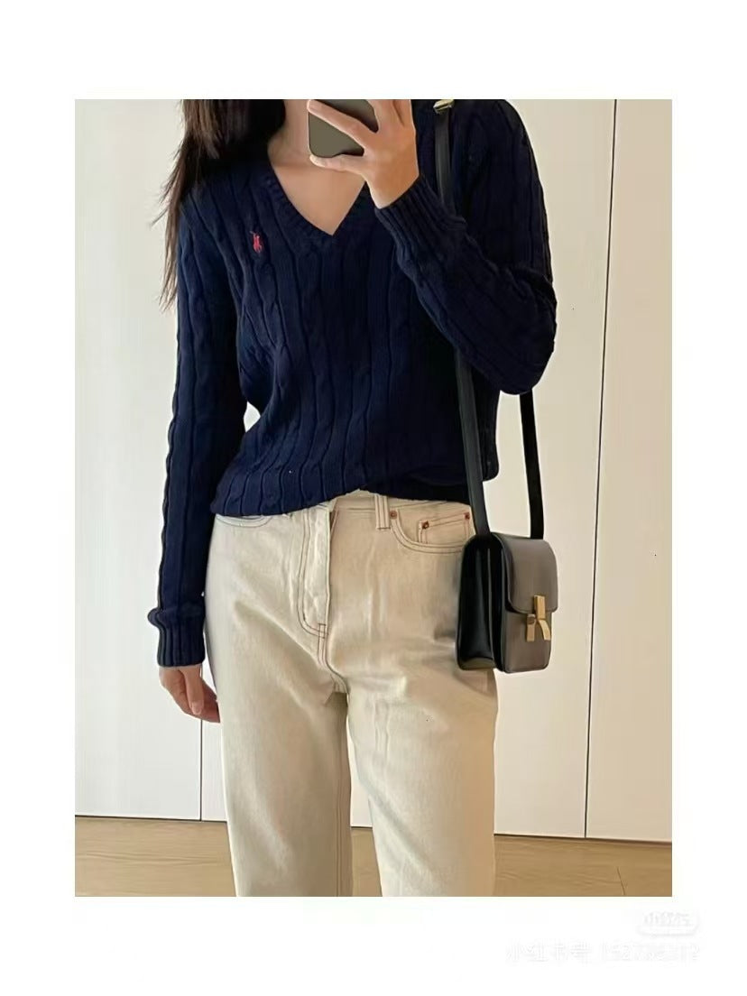 Women's Sleeve Horse Logo Embroidered Twist Long Solid Color Sweaters