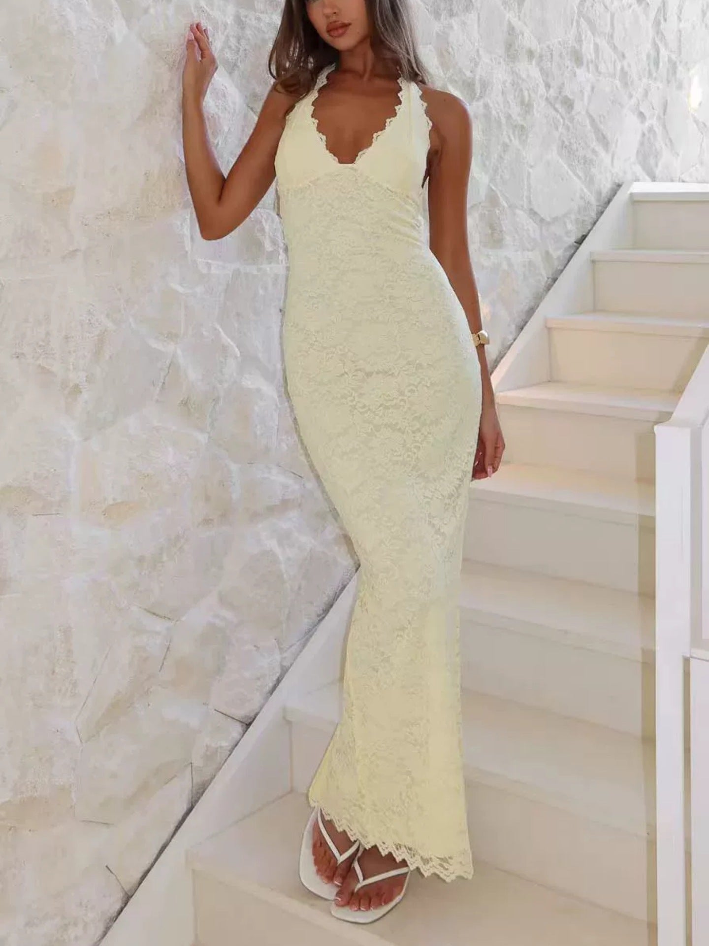 Women's Summer Sexy Fashion Halter Lace Split Slim Dress