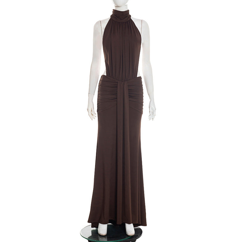 Women's Summer Solid Color Small Turtleneck Sleeveless Backless Dress
