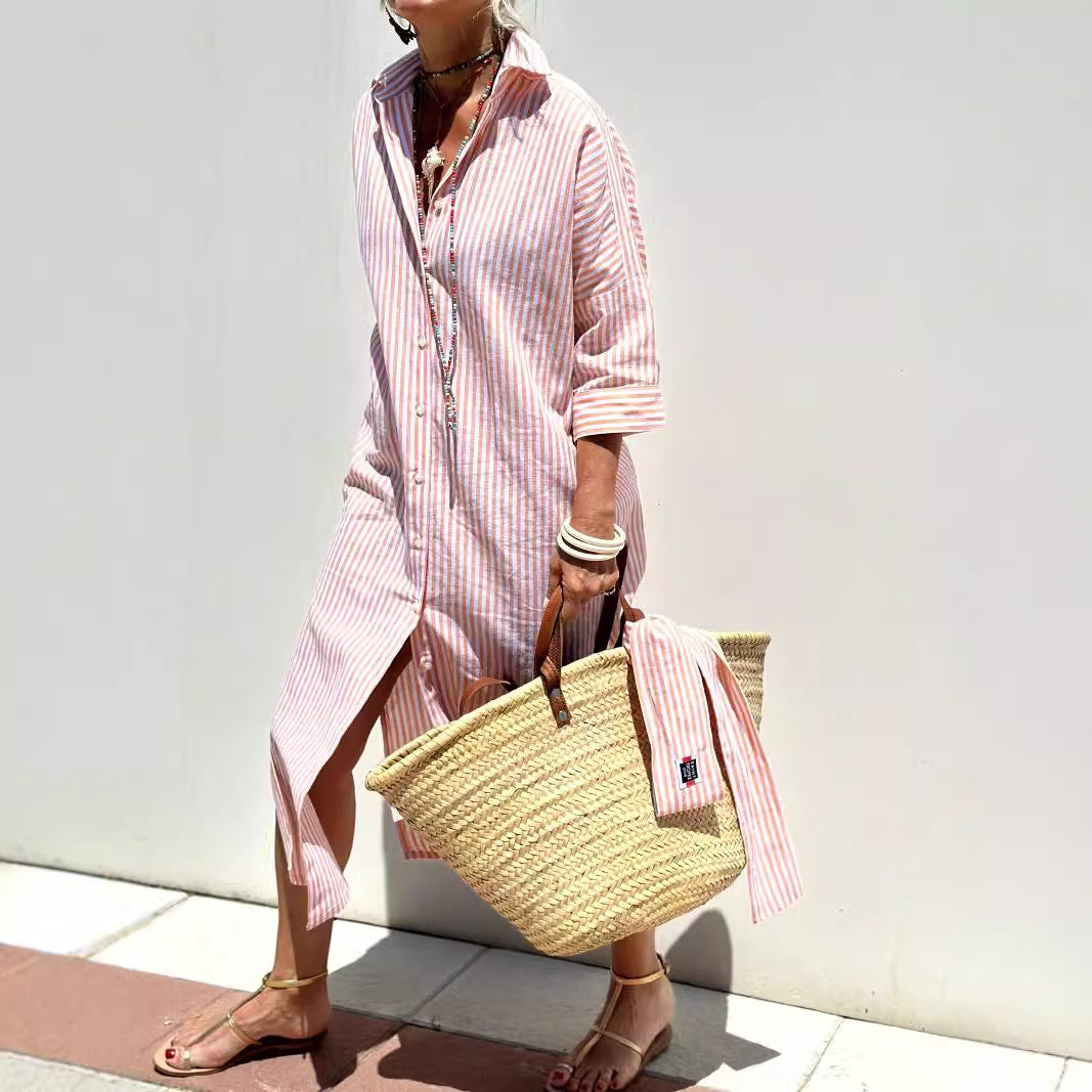 Women's Half Sleeve Striped Lapel Shirt Dress Blouse