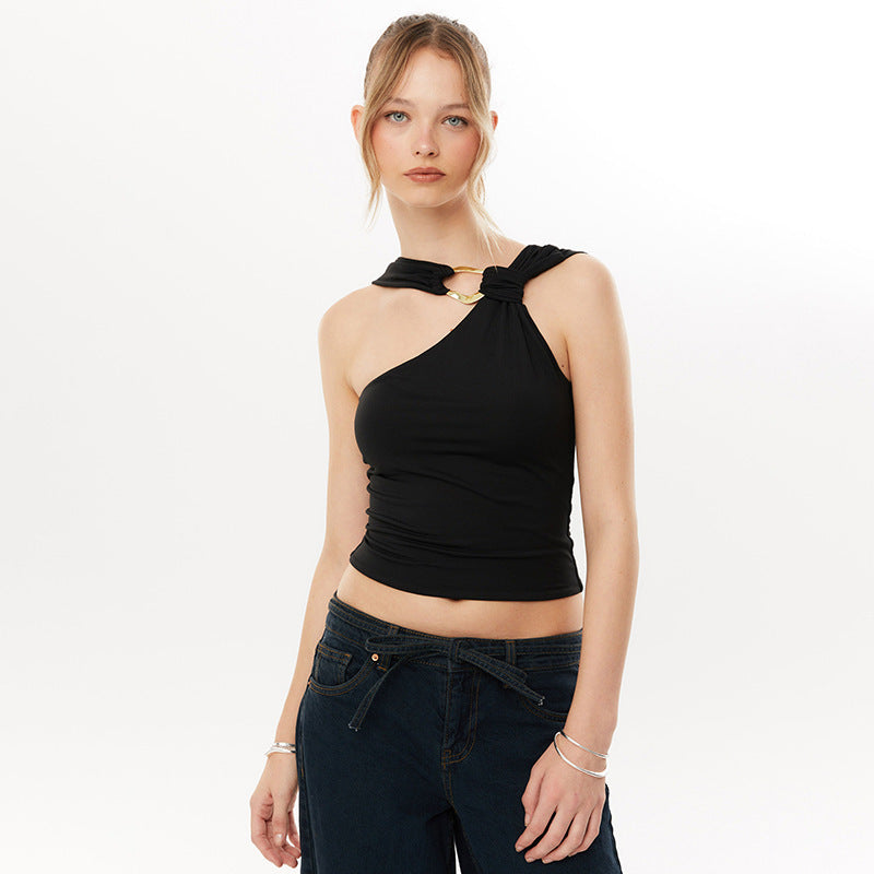 Women's Solid Color Irregular Collar Metal Decorative Tops