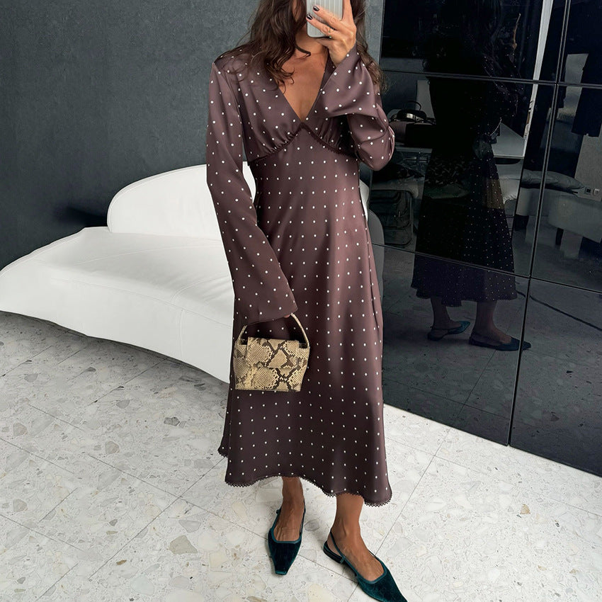 Dot Lace Contrast Color High Waist A- Line Design Sense Dress