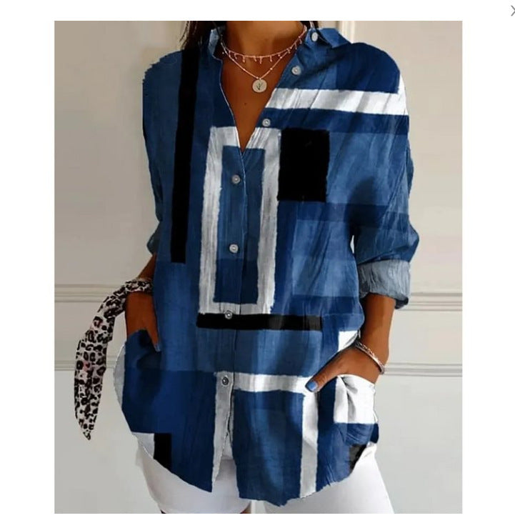 Women's Digital Printing Abstract Pattern Long Sleeve Buckle Blouse