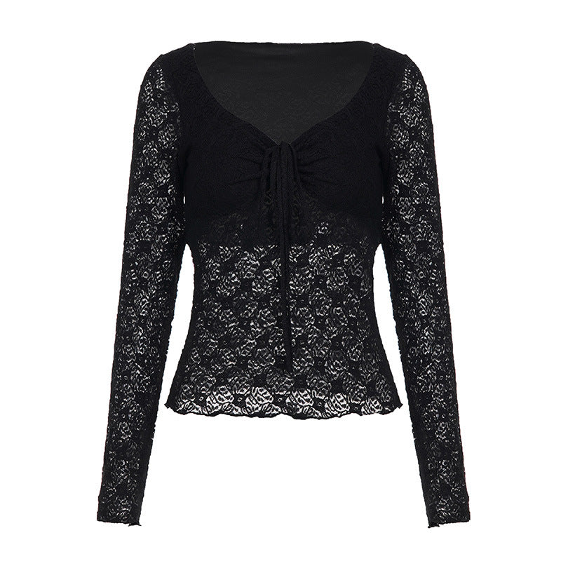 Women's Style Gentle Lace Patchwork Long Sleeve Slim Fit Show Thin Tops