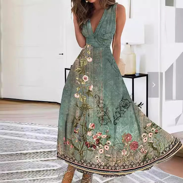Women's Summer High Waist Sleeveless Printed Sexy Dress