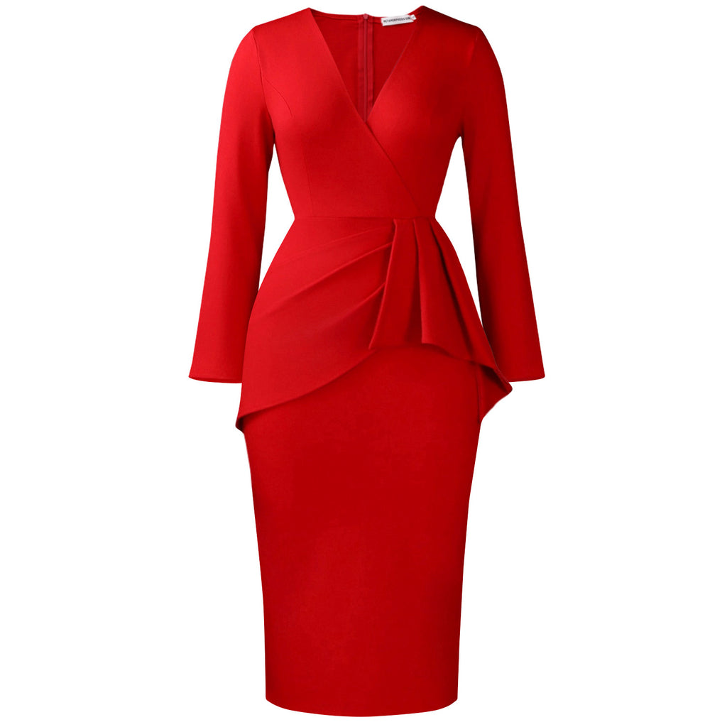 Waist Sheath Solid Color Pleated Ruffled Dress