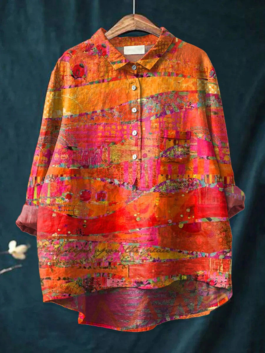 Slouchy Women's Shirt Printed Linen Fabric Blouse