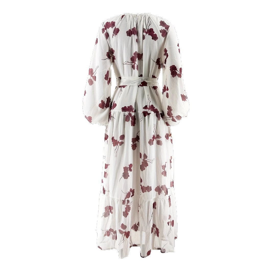 Women's Fashionable Elegant Holiday Round Neck Chiffon Flower With Belt Dress