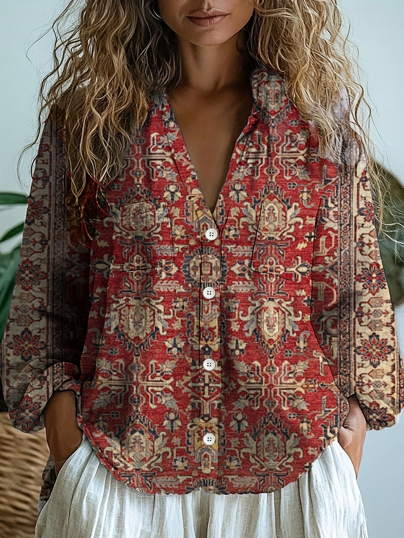 Women's Leisure Commute Shirt Western Ethnic Style Geometric Blouse